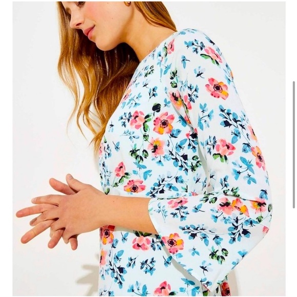 NWOT Loft Floral Tie Back Bell Sleeve Dress in Soft Blue Breeze - Picture 2 of 4